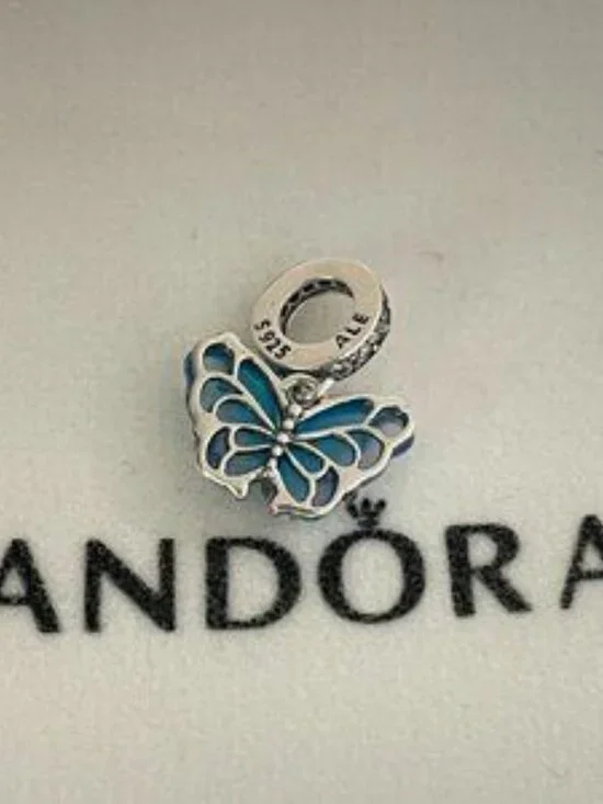 Pandora Blue Murano Glass Butterfly Dangle Charm S925 Sterling Silver with box - Picture 2 of 4